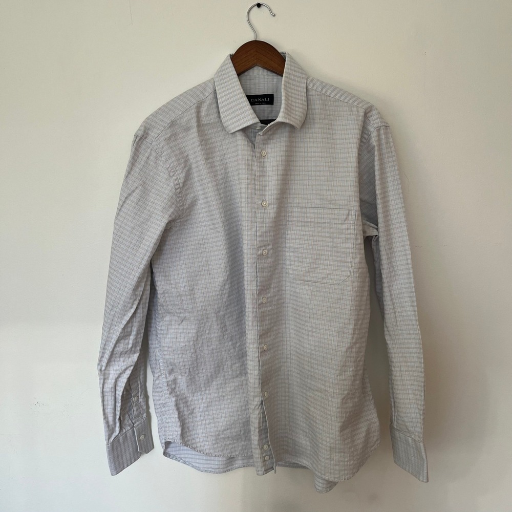 Canali Mens Dress Shirt Blue Tan Windowpane Check Made in Italy Size 17.5 44